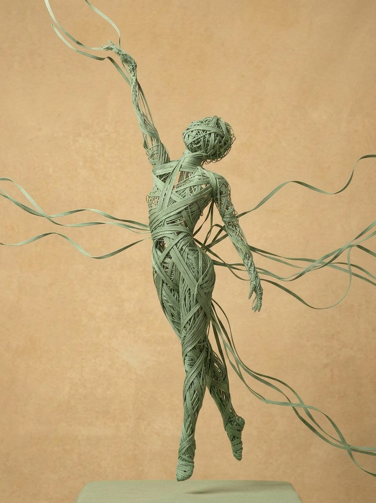 A sage-green wire figure made of continuous threads streaming out into the space around it