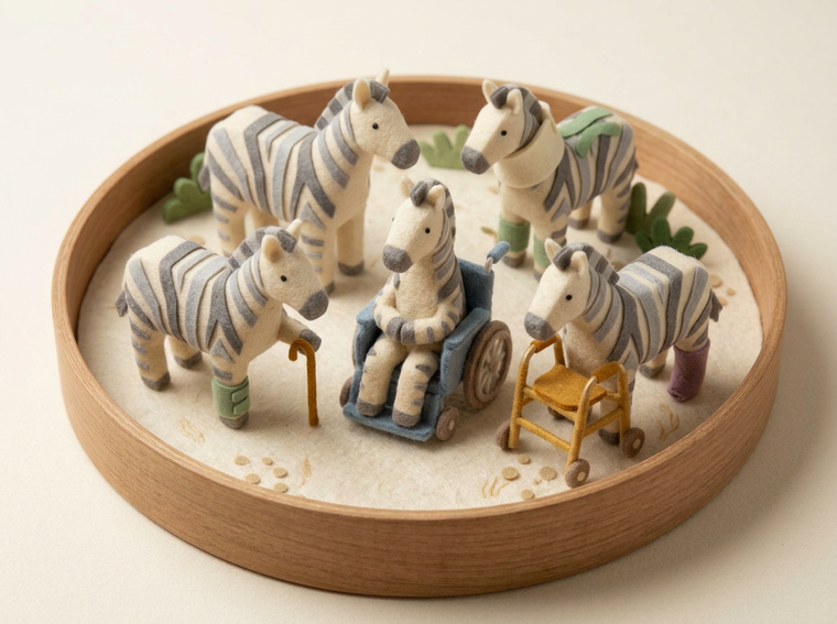 A felt zebra, gently supported