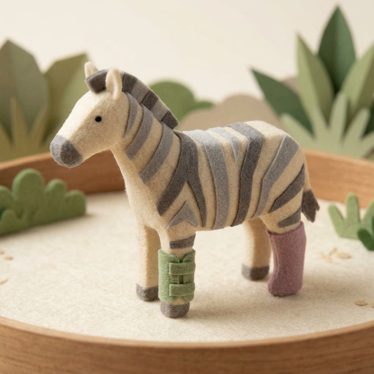 A felt zebra wearing joint braces
