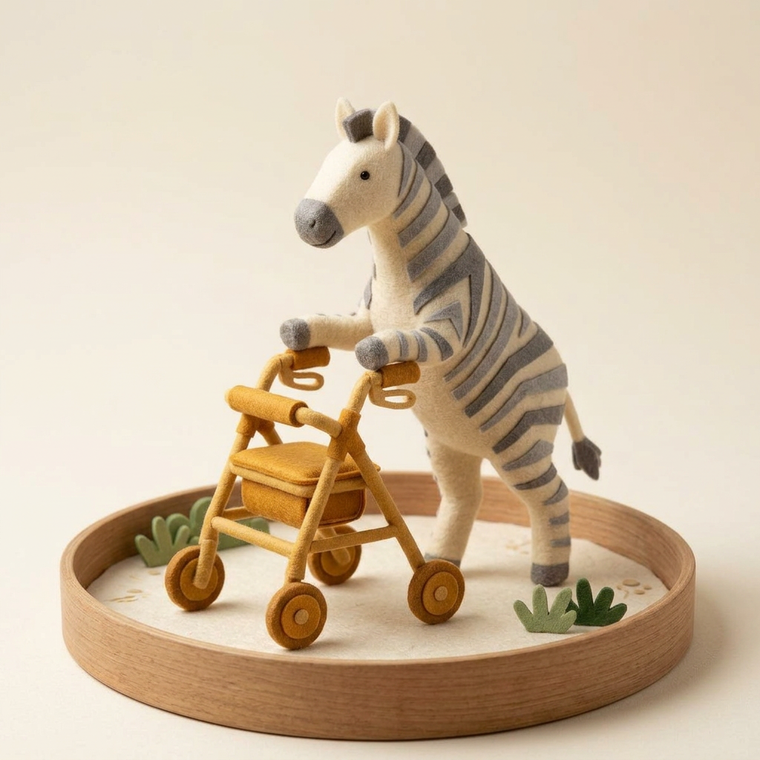 A felt zebra using a walker