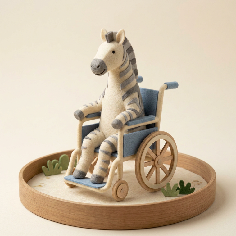A felt zebra using a wheelchair