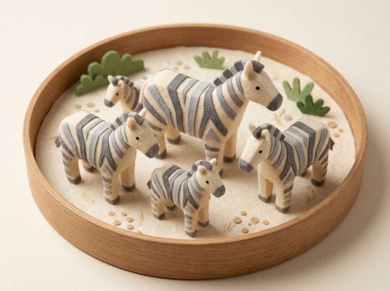 A small group of felt zebras together