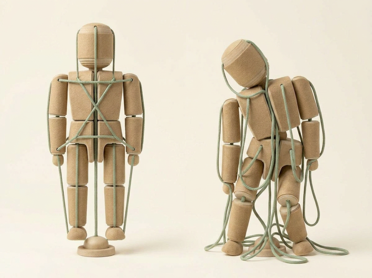 Two felt figures: one standing upright suspended in a balanced web of green cords, one collapsed in a tangle of loose cords
