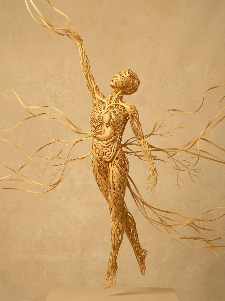Artistic felt-sculpture impression of the nervous system branching outward through a human figure